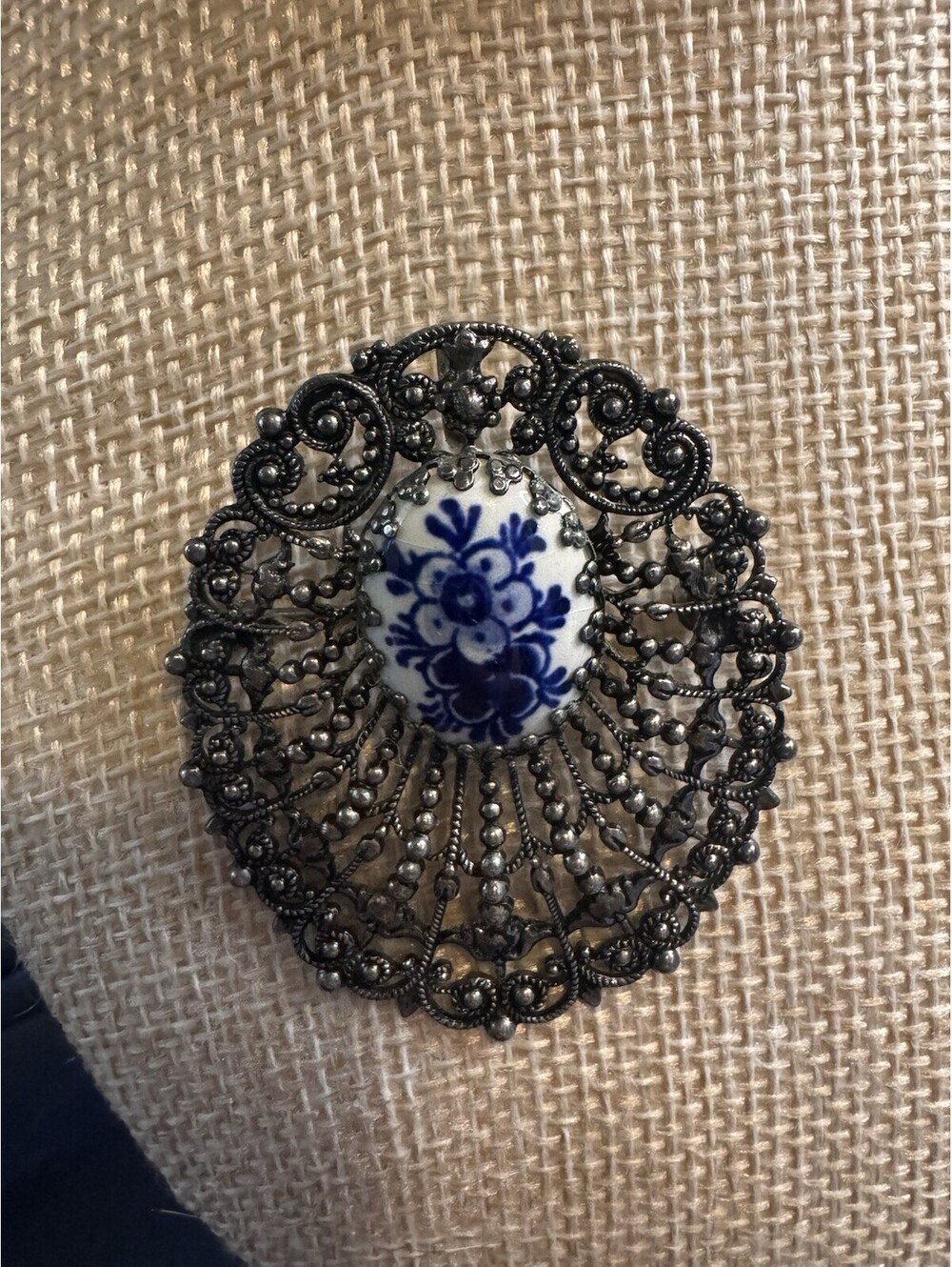 Vintage Ornate Filigree Brooch Blue White Floral Porcelain Cabochon Pin